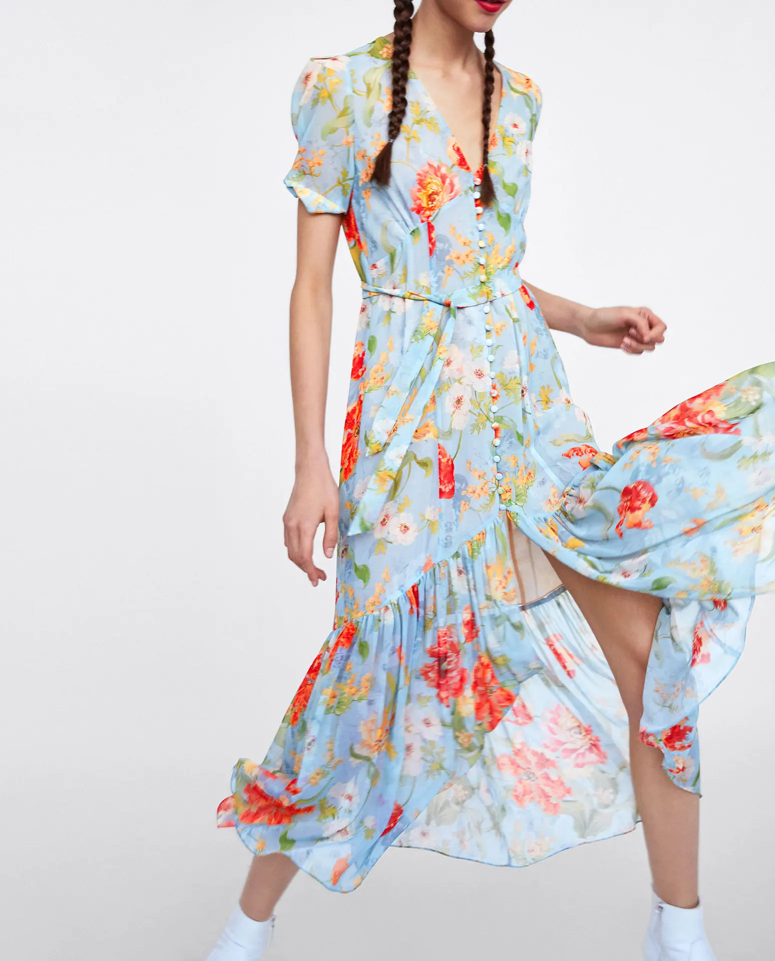 

Europe And America 2018 Spring And Summer New Style Flower Printed Midi Dress Elegant Elegant Fairy-Style Chiffon Maxi Dress
