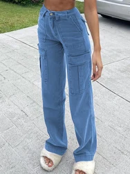 Weekeep vintage vários grandes bolsos jeans macacão feminino cintura alta baggy azul calças de brim moda senhoras y2k outono