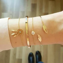 4 шт./компл. в богемном стиле Винтаж лист Драгоценный Камень Геометрическая стрелка с украшением в виде кристаллов цепь золотая Браслеты Женская Изысканная пляжная браслет ювелирные изделия GIF