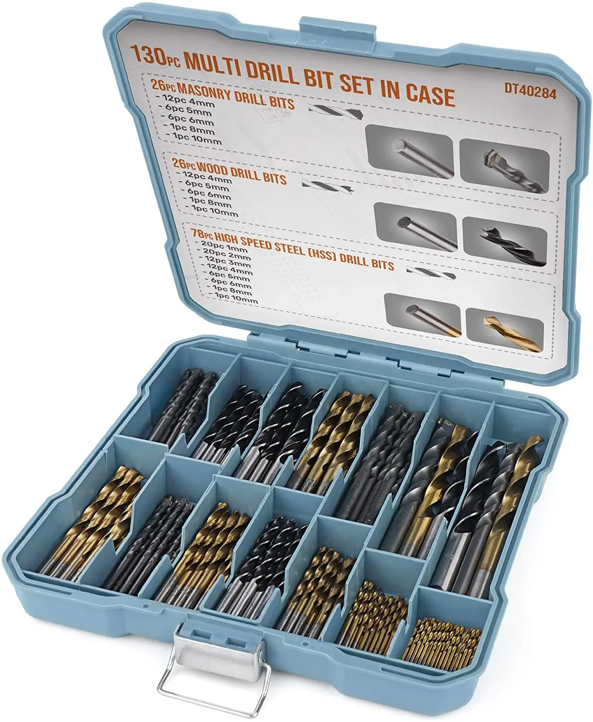 Hi-Spec 130pc Drill Bit Set Titanium-Coated HSS Steel Bits Masonary Drill Power Tool Accessories For Metal Plastic Woodworking