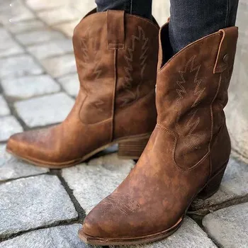 

Women Boots Winter Mid Tube Knight Shoes Lady Retro Rome Slip-on Low Heel Leather Shoes Wide Calf Cowboy Knight Boots L2