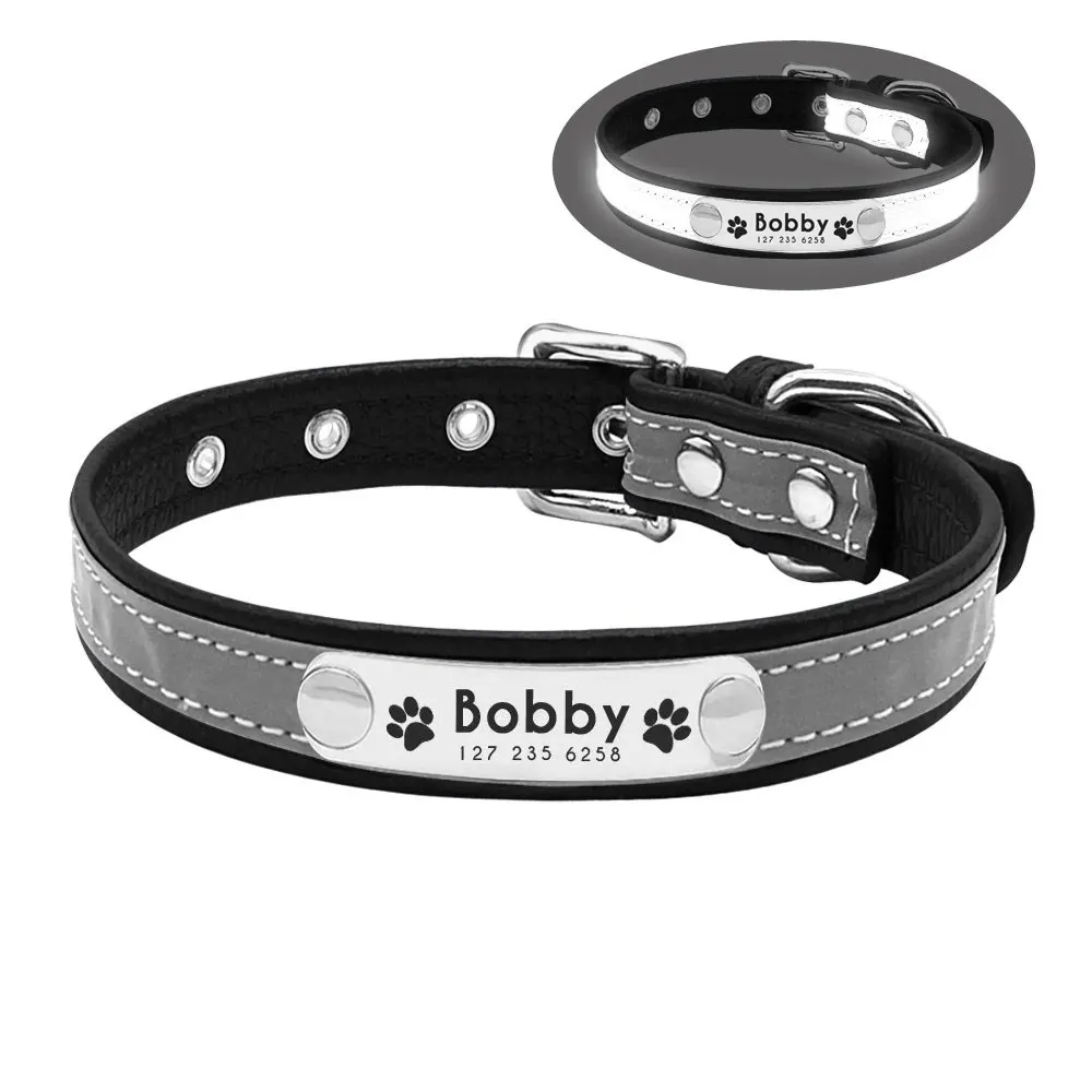 Leather Durable Dog Collar Adjustable And Customizable Pet Collar Personalized Unisex Collar Engraved Reflective Dog Tag Collar 