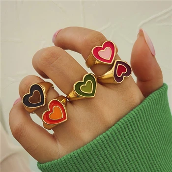 Vintage Golden Heart Rings Set for Women Fashion Pink Green Color Resin Flower Love Heart Ring Wholesale Jewelry 4