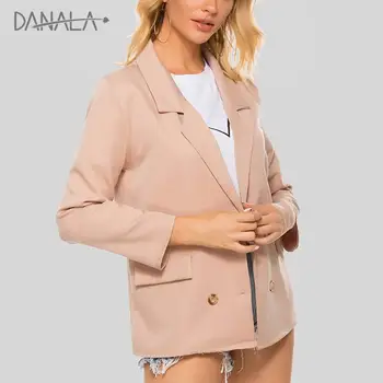 

DANALA 2019 Autumn New Mid-length Coat For Women Fashion Lapel Fake Pocket Double-breasted Long-sleeved Windbreaker Jacket