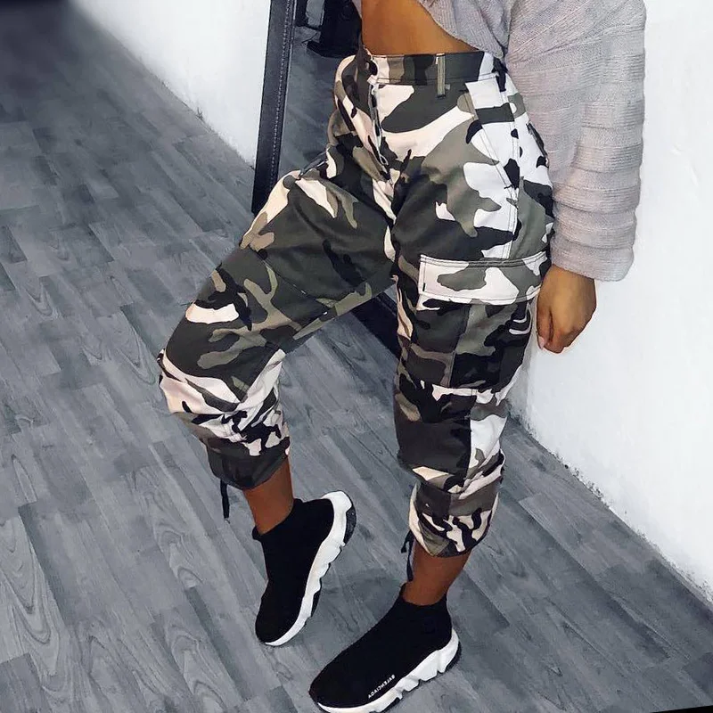 Для женщин штаны с высокой посадкой джоггеры тренировочные камуфляжным принтом