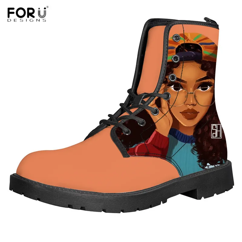 

FORUDESIGNS 2019 Warm Winter Boots Afro Girls Black Women Art Ankle Boots for Women Leather Motorcycle Boots Waterproof Lace Up