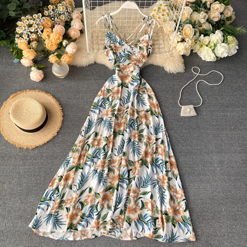 Neploe Sexy Open Back Bohemian Holiday Long Dress High Waist Hip Cross Design Print A Line Vestido V Neck Sleeveless Camis Ropa