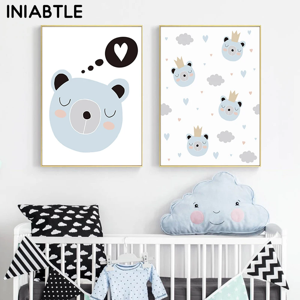 

Baby Boy Nursery Wall Art Lovely Blue Cartoon Bear Heart Canvas Poster Print Painting Nordic Print Picture Kids Room Decoration