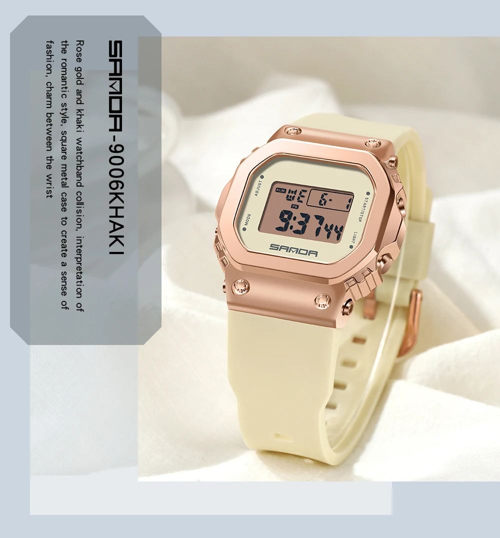 New Sanda Men's Digital Luminous Watch Small Square Wristwatch Mens Rose Gold Case Waterproof Leisure Unisex Wrist Watch 2021