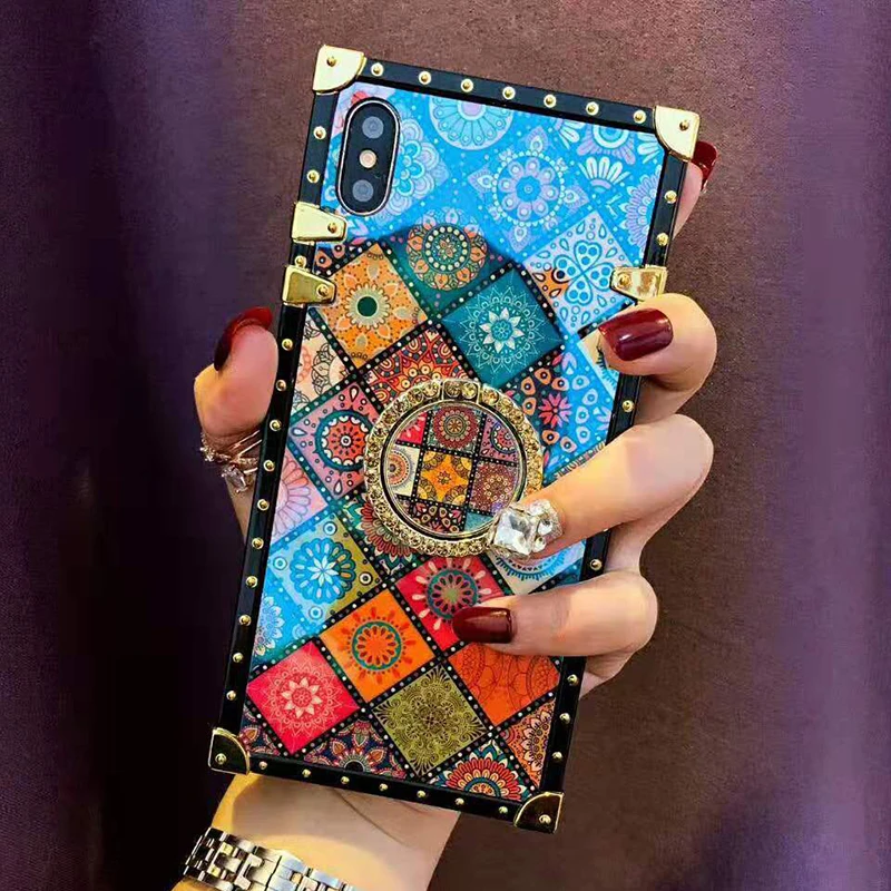 Luxury Square Blu-ray Bohemian Ethnic Style Frame Case for iPhone 7 8 Plus 6 s 11 pro xr xs Max X Soft Silicon for Samsung Cover (8)