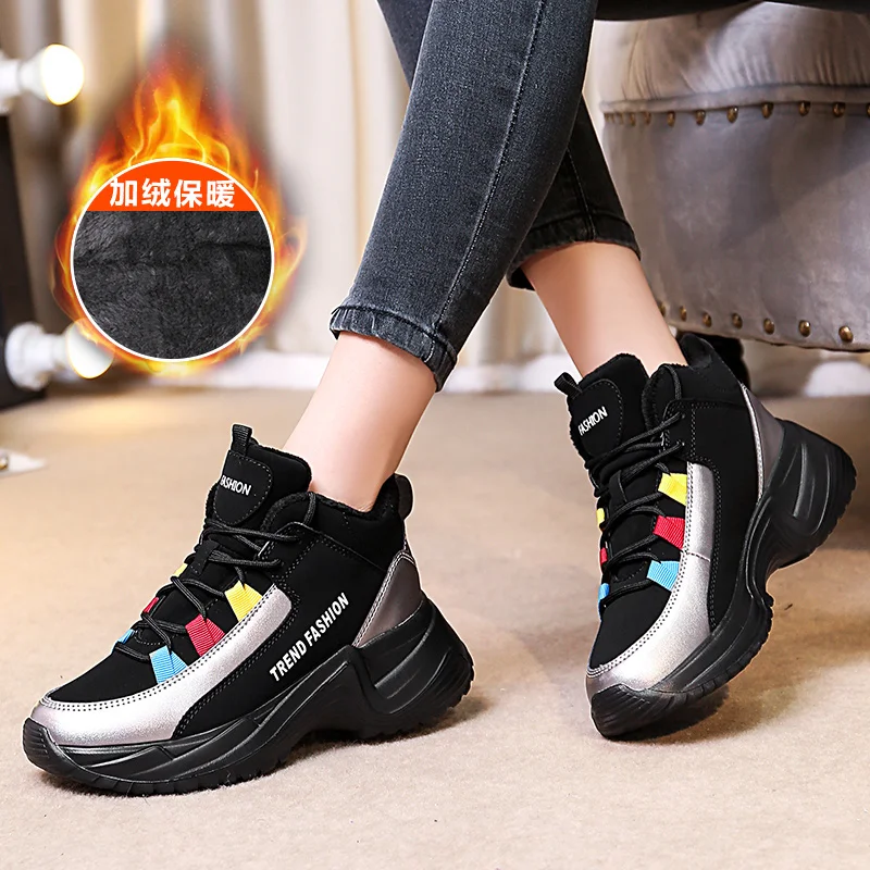 silver ERNESTNM/; зимние кроссовки на платформе; Модные женские кроссовки; Цвет черный, серебристый; обувь на танкетке с мехом; женские высокие кроссовки на массивном каблуке - Цвет: silver