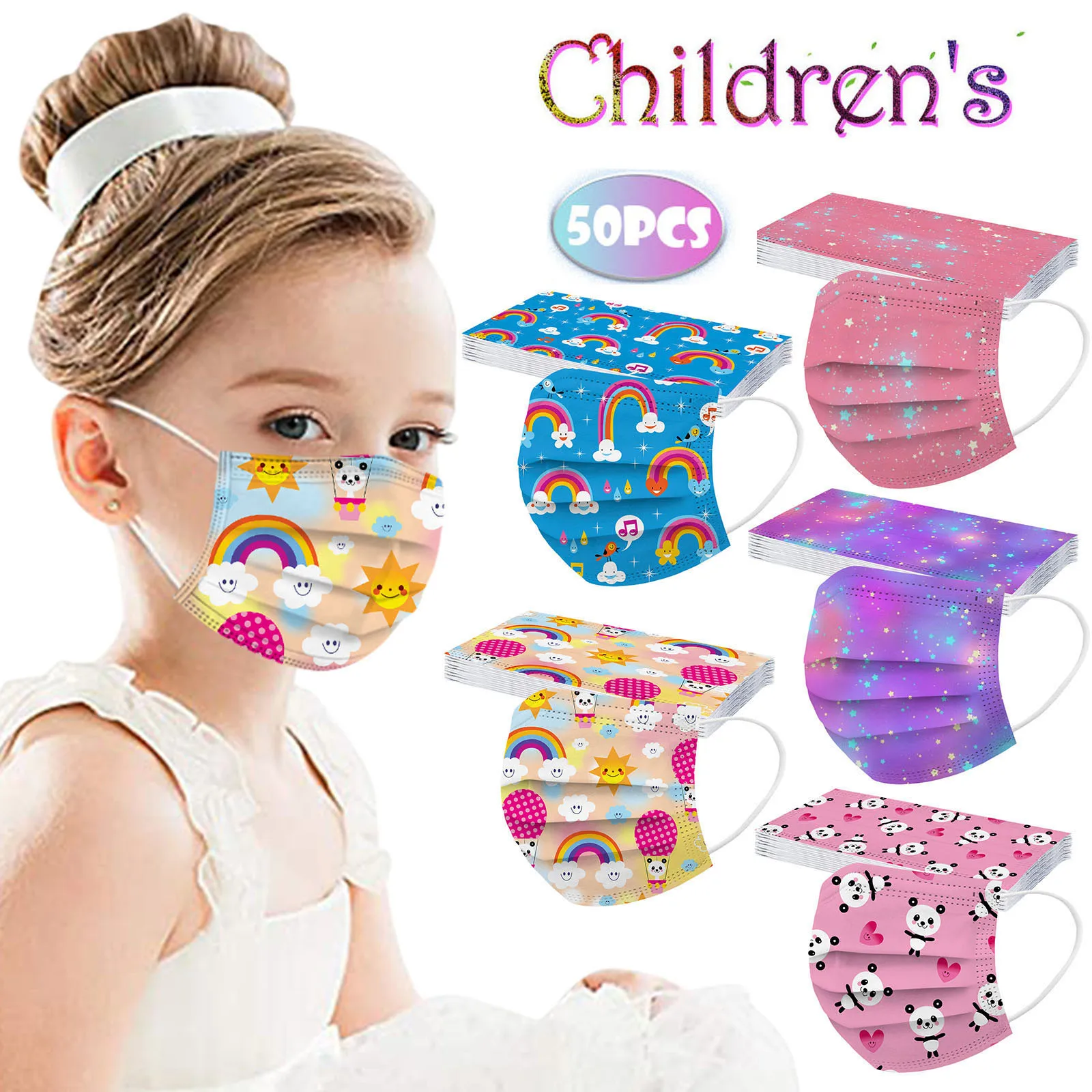 

50pcs Kids Children's Mask Disposable Face Shield Fashion 3Ply Ear Loop 50PCS Mixed Color Fashion rainbow print Mouth Mask