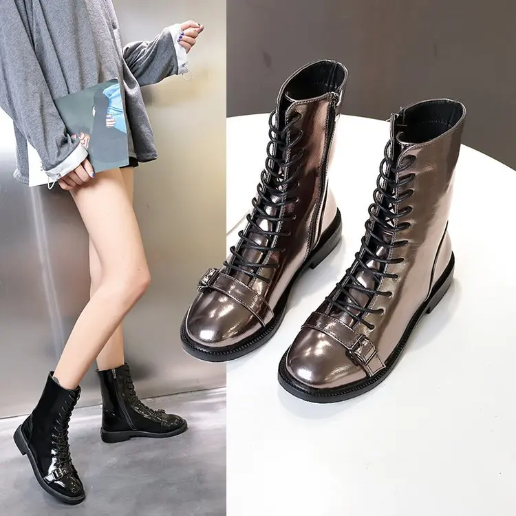 

Leather Boot Women's 2019 Autumn And Winter New Products Trend Middle Boots Artificial Velboa Cross Straps Martin Boots Women's