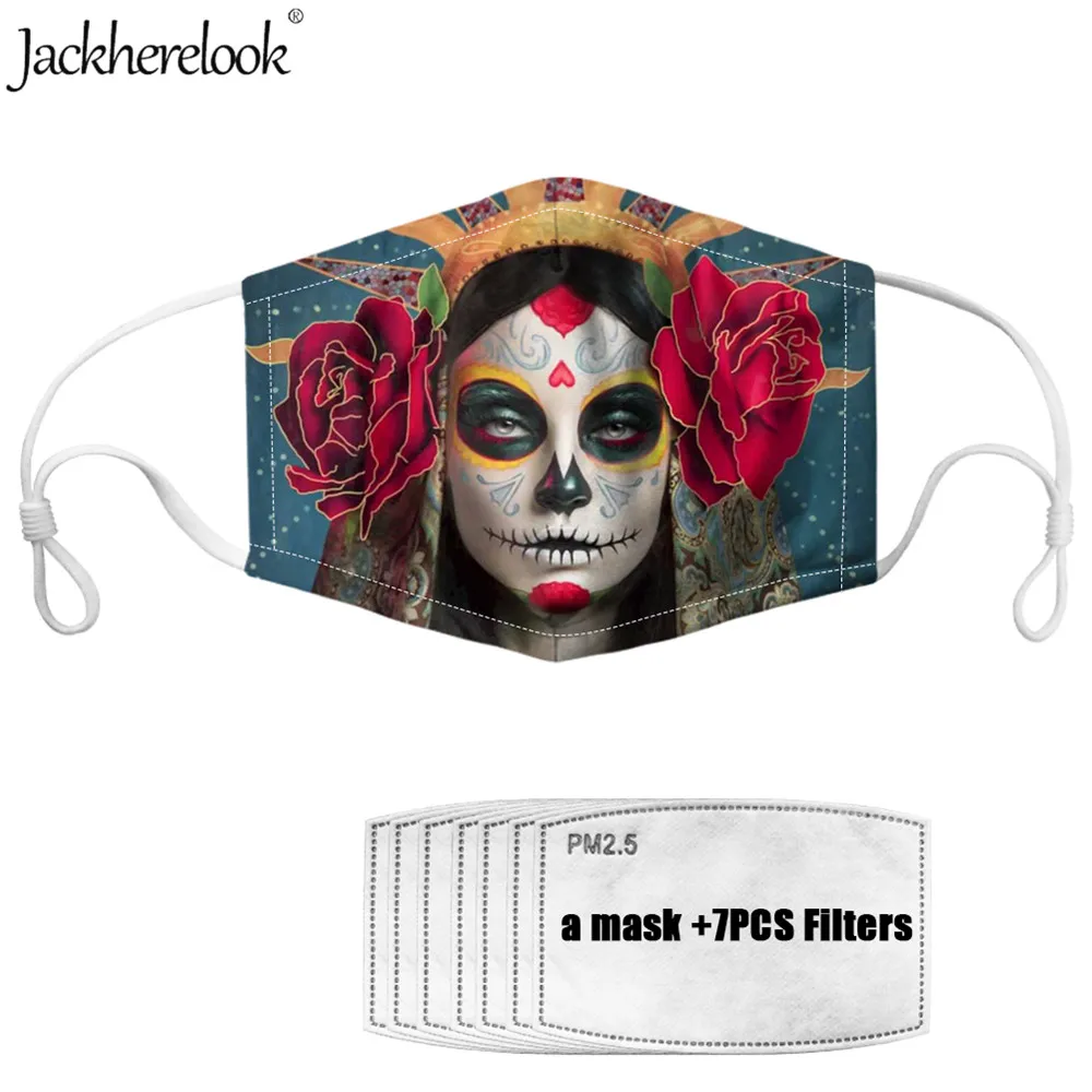 

Jackherelook Adult Women Face Mouth Mask Dustproof Bacteria Filter Paper Sugar Skull Gothic Face Mask Washable Muffle Respirator