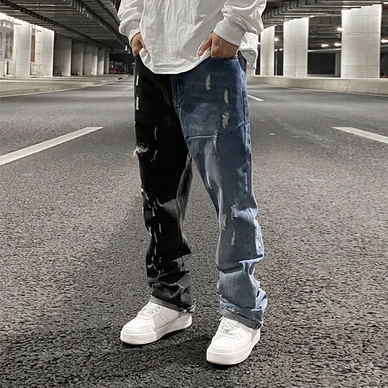 Color Block Hole Washed High Street Jeans For Men Straight Retro Frayed  Casual Denim Pants Harajuku Baggy Oversize Trousers - Jeans - AliExpress