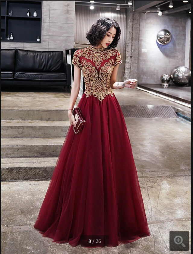 Красный Vestido de festa Бургундия Тюль a line вечернее платье для выпускного вечера высокий вырез сильно бисером блестящие полые сзади платья выпускного вечера - Цвет: Красный