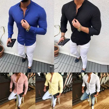 

Factory direct sales Men's Fashion Pure Color Collar Blouse Comfortable Fit Long Sleeve Shirt Are you sure not to buy it 2020