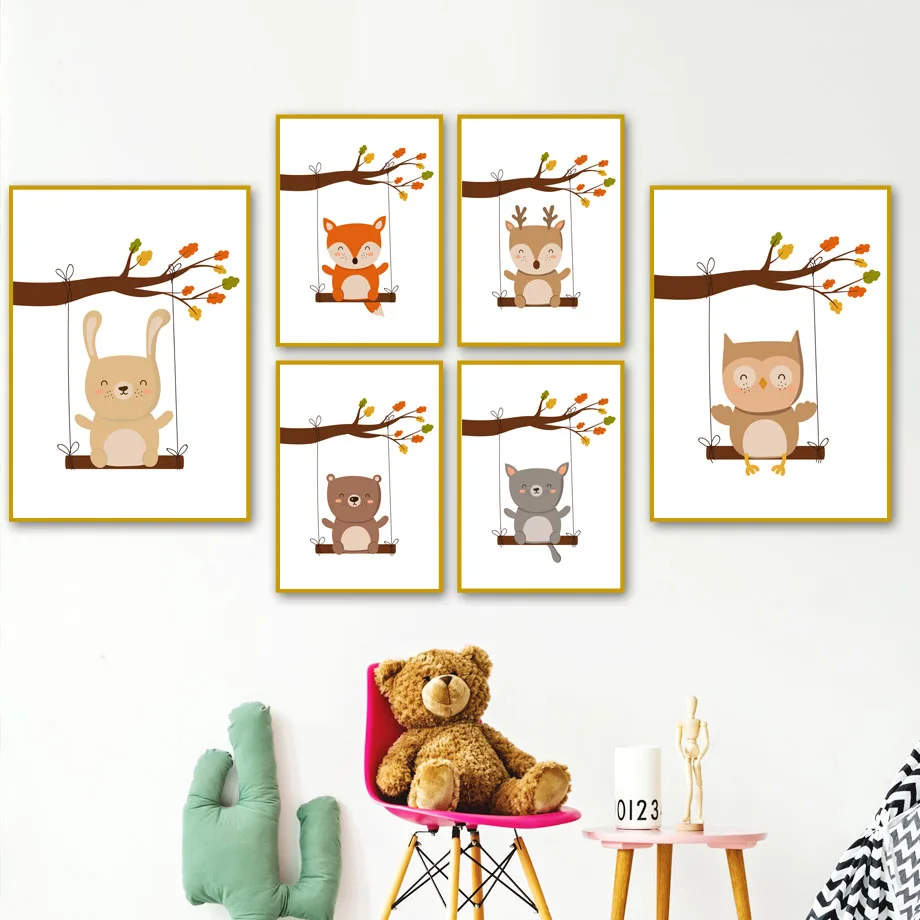 Swing Deer Cat Bear Owl Rabbit Fox Nursery Wall Art Canvas Painting Nordic Posters And Prints Wall Pictures Baby Kids Room Decor Swing Deer Cat Bear Owl Rabbit Fox Nursery Wall Art Canvas Painting Nordic Posters And Prints Wall Pictures Baby Kids Room Decor