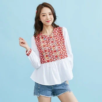 

IEF Spring Summer folk-custom Embroidery Women Blouse Causal Splice Oneck Full Sleeves Loose Blouse 0D20A-D8003-