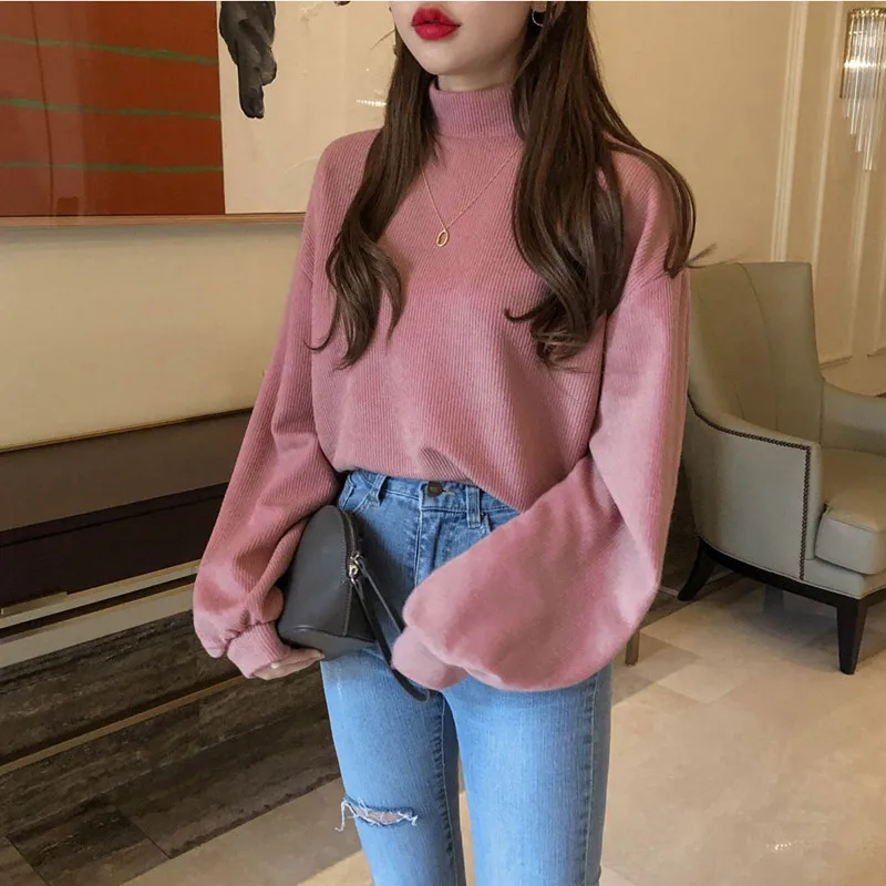 Pink sweater women RICININA, водолазка, свитер для женщин, длинный рукав-фонарик, однотонный, свободный, Повседневный, вязанные свитера для женщин, пуловеры для женщин, весна - Цвет: Pink sweater women