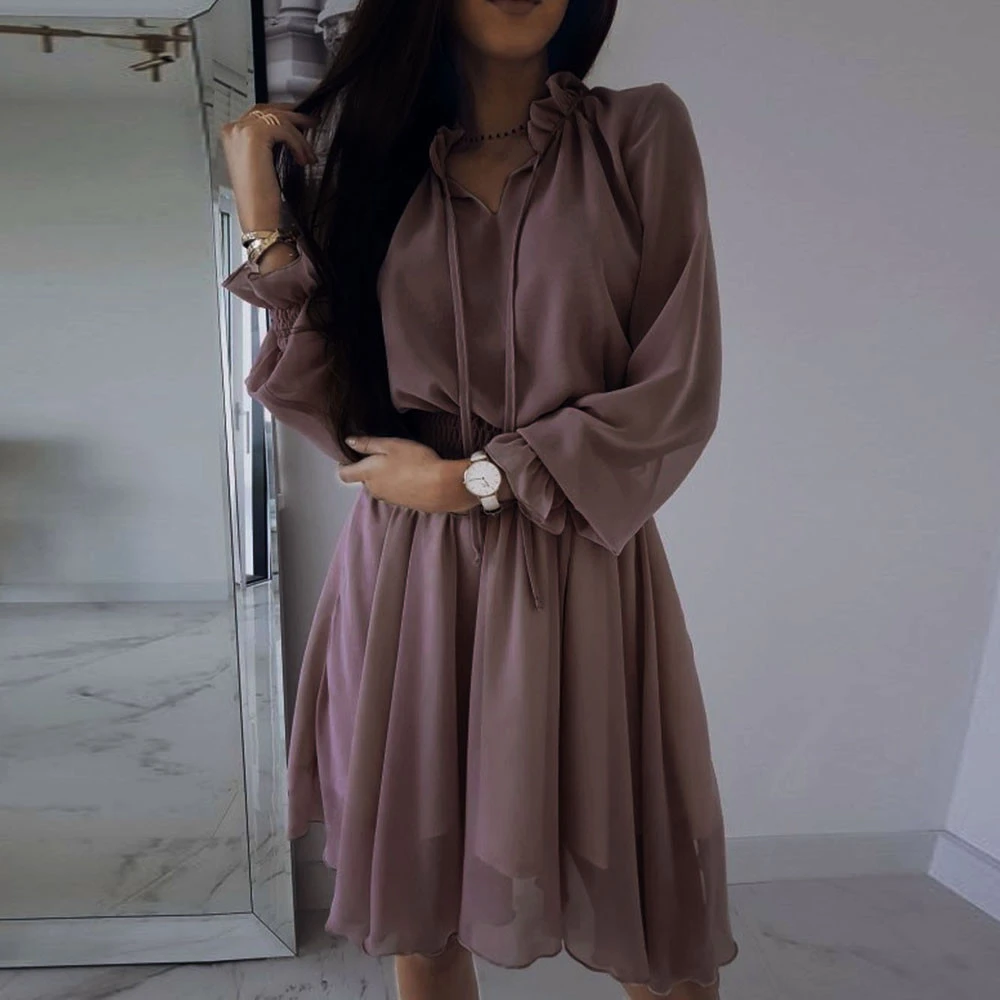 Women Fall Long Sleeve Dress Elegant Party Female Chiffon Dress O Neck Solid Pleated Casual Office Winter Vestidos Mujer 807