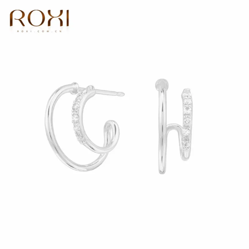 ROXI 925 пробы, серебряные серьги-гвоздики с кристаллами, сверкающие двухрядные циркониевые серьги для женщин, свадебные ювелирные изделия, двухслойные серьги - Окраска металла: Платиновое покрытие
