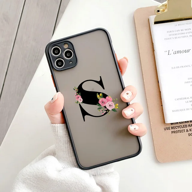 Elegant Black Letter Flower Matte Phone Case - Fashionable Protective Shell