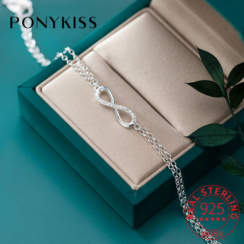 

PONYKISS 100% 925 Sterling Silver Zircon Number 8 Charm Bracelets Fashion Women Party Delicate Elegant Accessory Girl Chic Gift