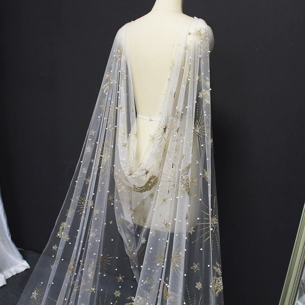 Customized Luxury Pearls Wedding Cape with Gold Dust 3 Meters Long Pearls Wedding Bolero shrugs for women Accessories