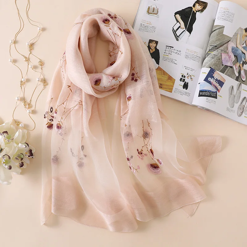 Новинка 2020 Шелковый шерстяной шарф женская элегантная шаль с цветочной вышивкой