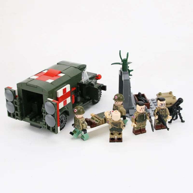 MOC WW2 US Army Wounded soldier Building Blocks Military Ambulance Bricks Weapon Bricks Parts Building Blocks Toys for children