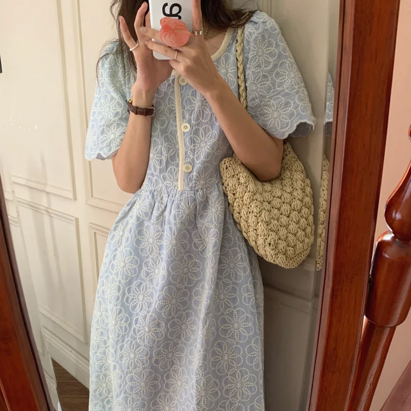 Florals Cotton Princess Slim Party Brief Loose 2021 Vintage Sweet Casual All Match Femme Chic Long Dresses Vestidos 1