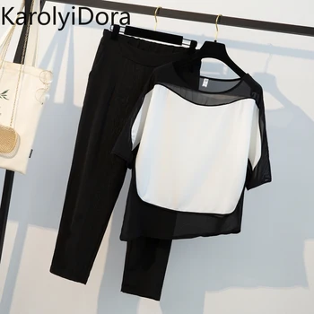 

2020 Summer New Black White Patchwork Chiffon Loose Shirt Women Pant Suits And Plus Size Elastic Waist Ankle Length Pants Suits