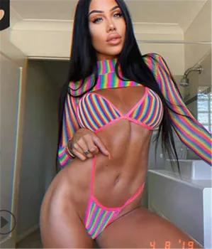 

3pcs Women Bikini Set 2020 New Sexy Striped Beachwear Mesh Push Up Bra V Thong Panties Long Sleeve T-shirt Monokini Bathing Suit
