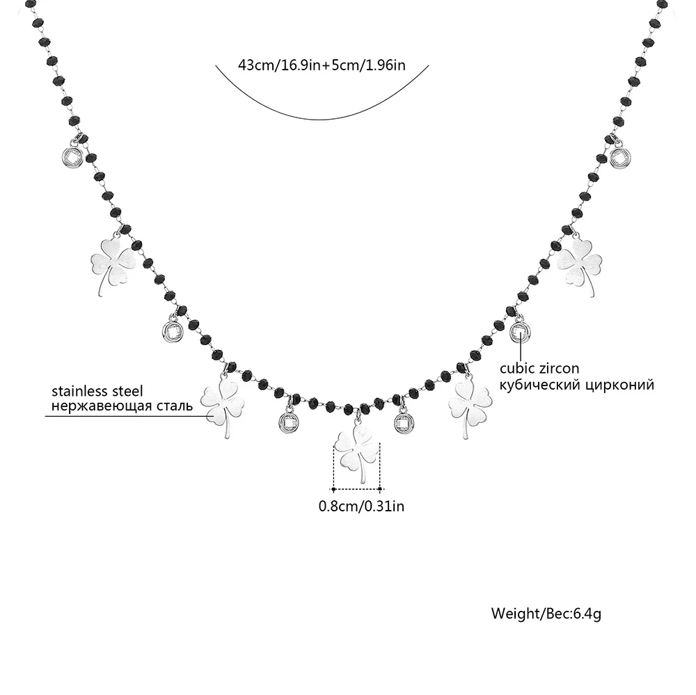 Нержавеющая сталь Циркон Клевер ожерелье из черных бусин для женщин Подвески серебряного цвета ожерелье подарок для подруги женские ювелирные изделия Прямая поставка