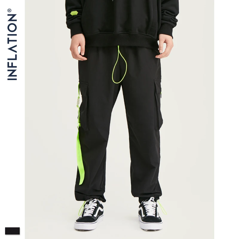 

Men Black Pants Streetwear Fluorescent Green Tape Men Jogger Pants Men Hip Hop Loose Functional Pockets Joggers 93443W