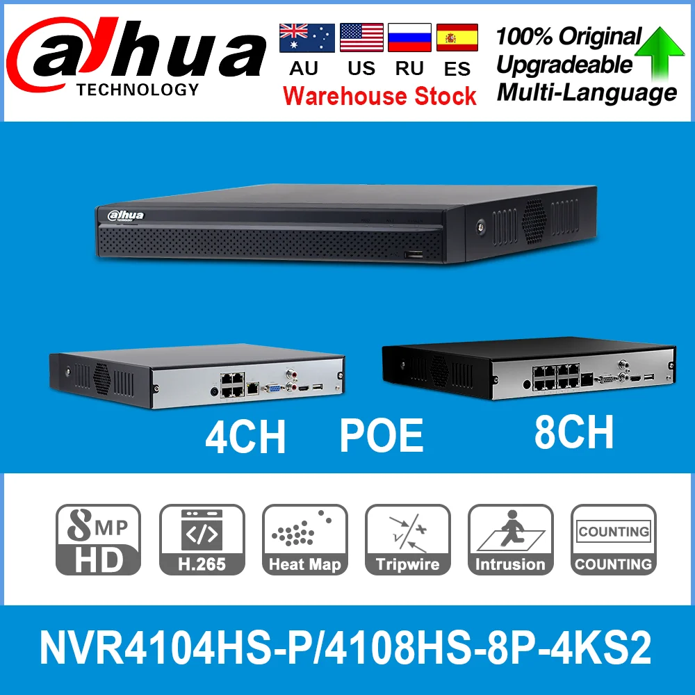 Dahua Original NVR4104HS-P-4KS2 NVR4108HS-8P-4KS2 4/8 CH IVS NVR 1U PoE Network Video Recorder Full HD 8MP Record For IP Camera