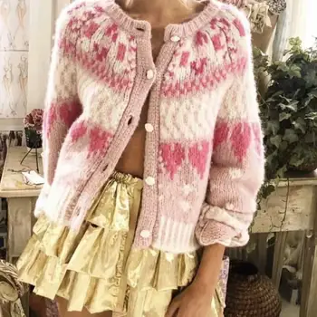 

2019 Winter Women O Neck Button Cute Cardigans Sweaters Little Love Long Sleeve Sweaters Pink Sweet Knitted Sweaters