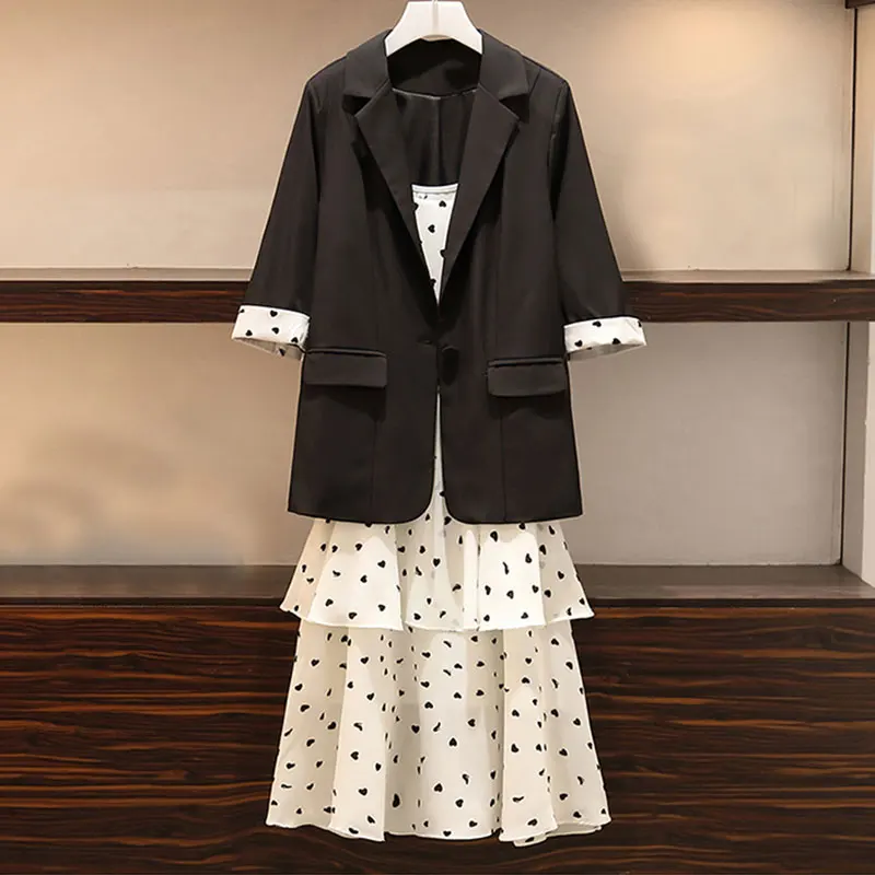 Black Suits Женский шикарный короткий Блейзер однобортный с карманами офисная одежда блейзер с платьем 5XL Женская Повседневная Верхняя одежда Топы Комплект из двух предметов - Цвет: Black Suits