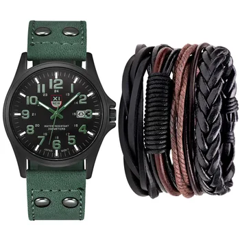 

Men's Fashion Simple with Calendar Leather Belt Quartz Watch + Bracelet Set (5 Pieces) Men's Watch