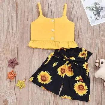 

New Summer Girls Clothes Top Print And Set Suit Shorts Cotton Coat Fits True To Size, Normal Floral Sleeveless