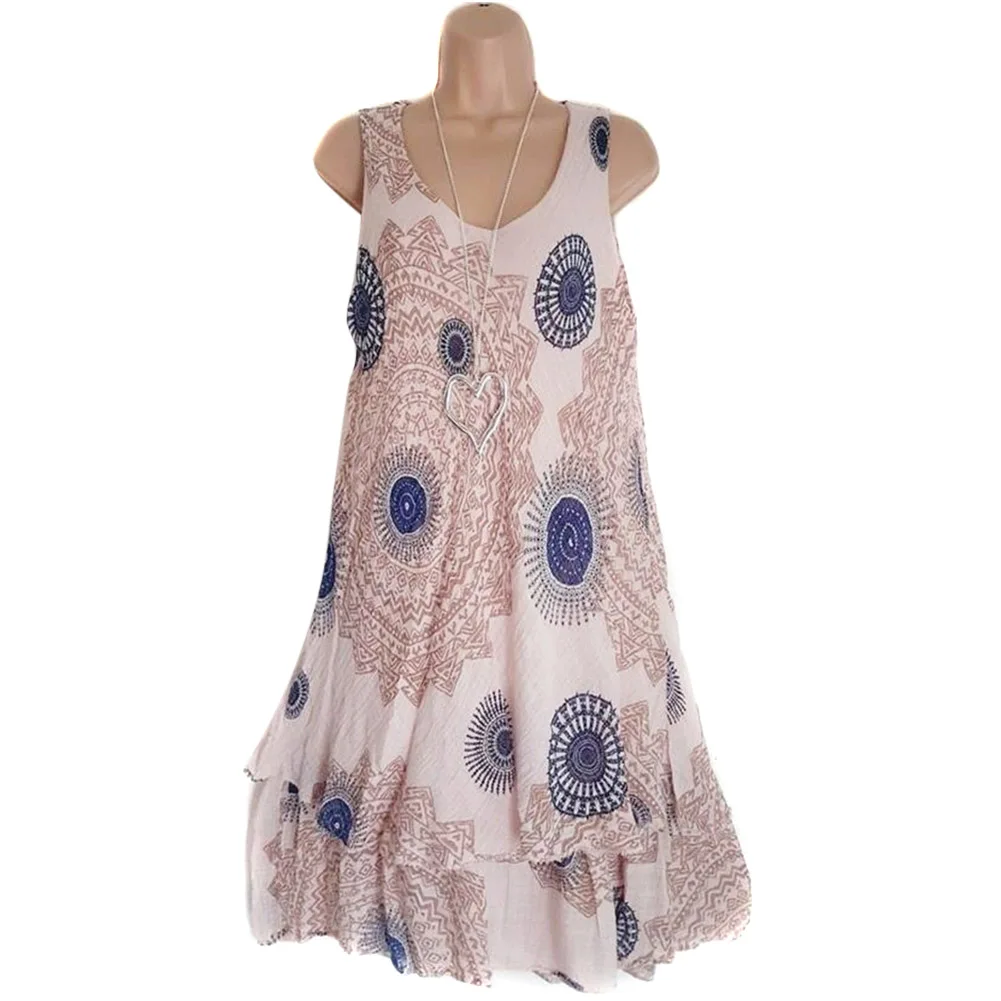 light pink Поп женское платье без рукавов с принтом и круглым воротником в стиле бохо, летние пляжные вечерние платья Pop 88 - Цвет: light pink