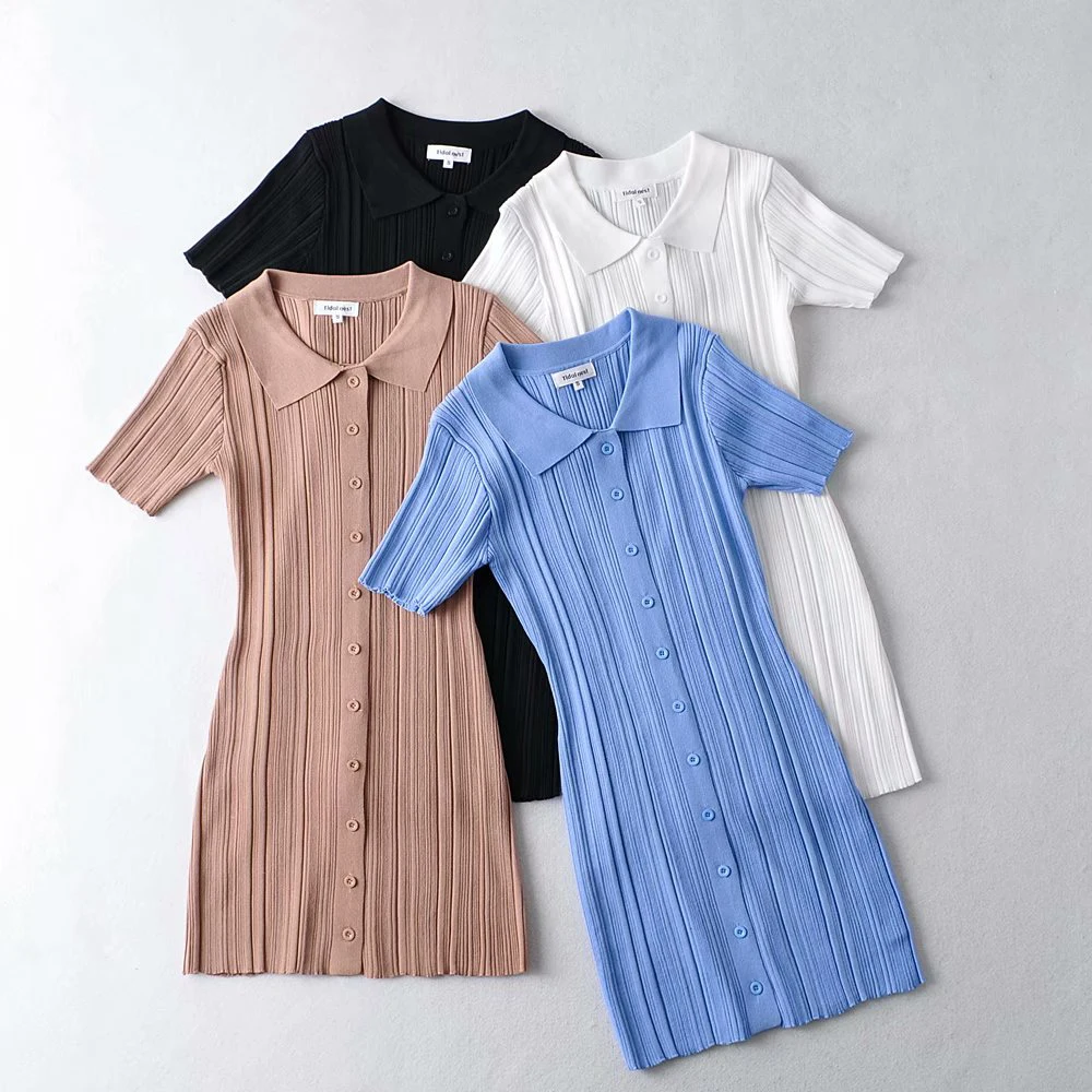

Vintage Knitted shirt Dresses Women Summer Turn Down Collar Short Sleeve Striped Bodycon Mini Dress Fashion Casual Sweater Dress