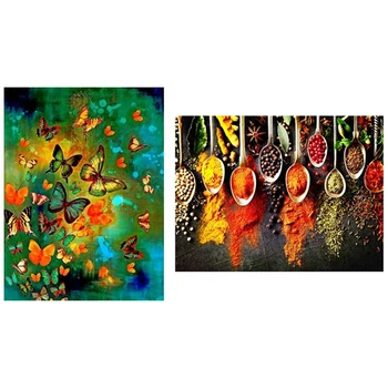 

2 Set Diamond Painting DIY 5D Rhinestone Cross-Stitch Living Room Decor, Multicolor Butterfly & Kitchen Seasoning