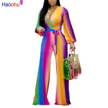 Multi Color Printed Fashion Women Streetwear Full-length Jumpsuit Sexy Deep V Neck Belted Details Wide Legs Pants Jumpsuit