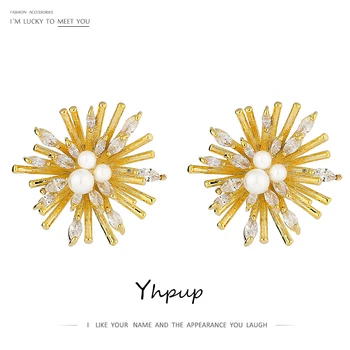 

Yhpup Exquisite Flower Gold Metal CZ Stud Earrings for Women Delicate Cubic Zirconia Jewelry Fashion Simulated Pearls Earrings