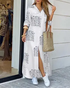 

Women Elegant Button Down Long Shirt Dress Summer Lapel Neck Maxi Party Dress Casual Solid Long Sleeve Beach Dresses 2XL style-1