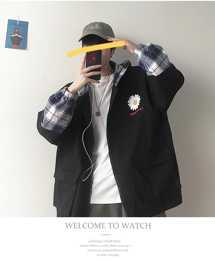 Autumn New Jacket Men Fashion Plaid Stitching Casual Hooded Jacket Man Streetwear Hip Hop Loose Bomber Jacket Male Clothes M-5XL