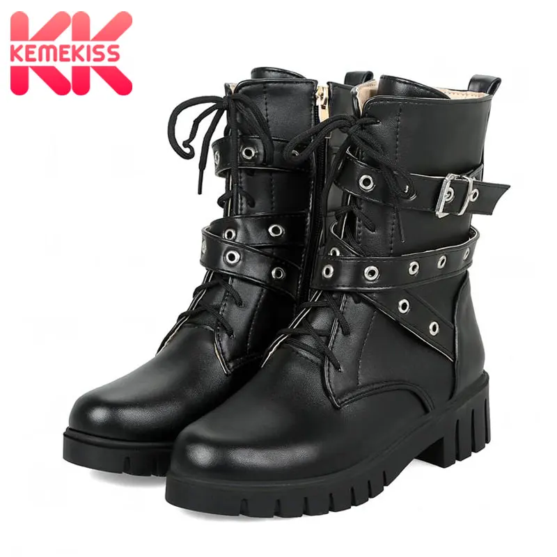 

KemeKiss Women Mid-Calf Boots Solid Color Cool Motorcycle Boots Fashion Round Toe Buckle Strap Shoes Women Footwear Size 33-44