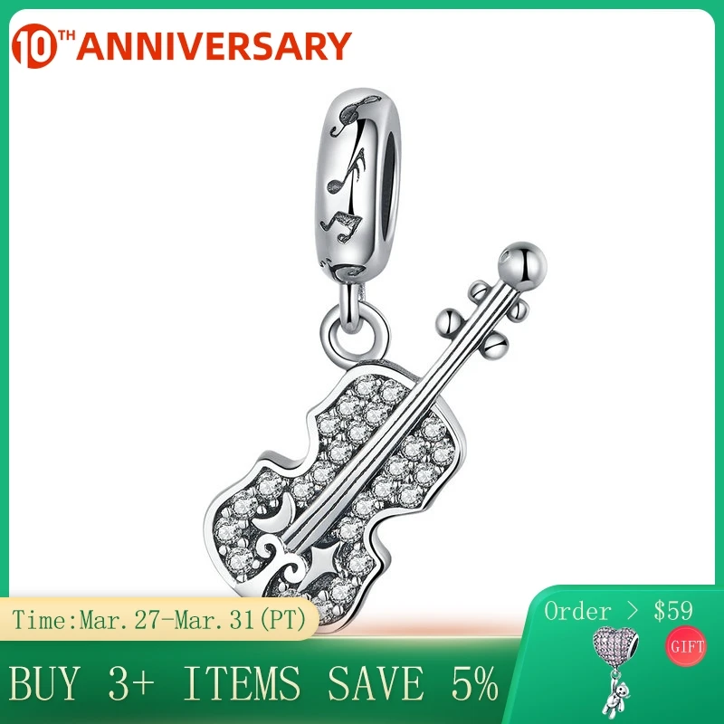 

CodeMonkey 100% 925 Sterling Silver Violin Shape Clear CZ Charms Beads fit Original Bracelet Bangle Jewelry Making C1078